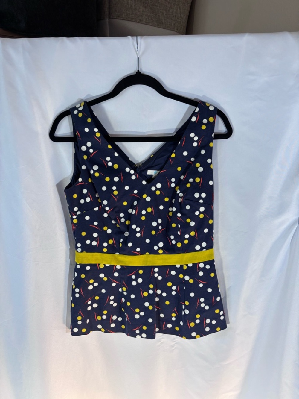 Boden Navy Polka Dot Tank Top with Yellow Waistband